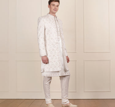 Off White Open Indowestern Set with Zari Embroidery