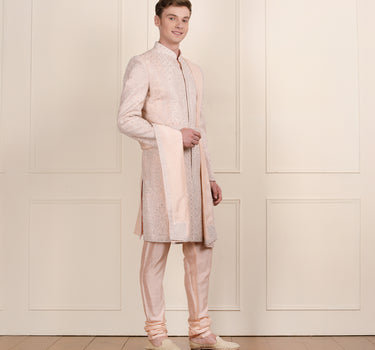 Men peach color sherwani with dupatta & belt