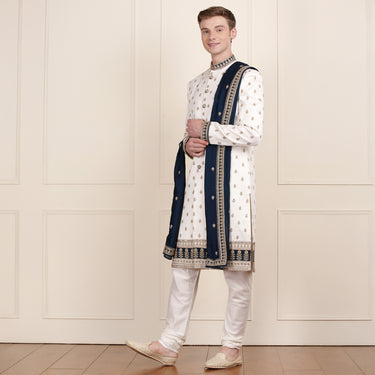Aristocratic Cream Sherwani with Coat, Pant & Dupatta in Gold Embroidery