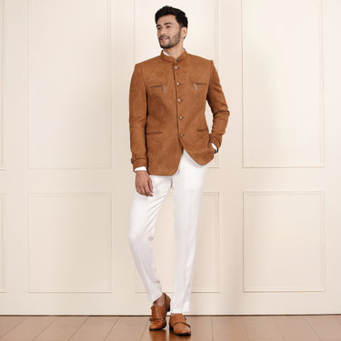 Sharp Tan Jodhpuri Coat with Modern Zipper Pocket Detail