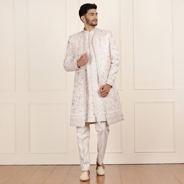 Modern Ethnic Regal Cream Color Open Indo Western Set with Zari Embroidery.