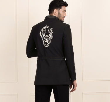 Black Jodhpuri Suit with Embroidery & Belt - Premium Polynosic Fabric