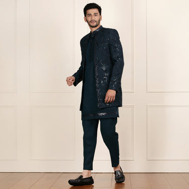 Teal Color Open Indowestern Set with Coat, Kurta and Pant.