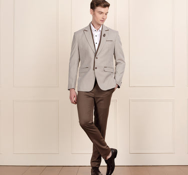 Stylish Beige Checked Polywool Blazer with Detachable Lapel