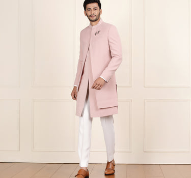 Peach Sherwani for Men – Asymmetric Design & Bead Detailing