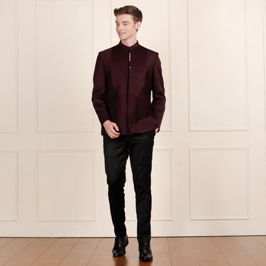 Sophisticated Wine Jodhpuri Suit with Luxe Metallic Styling