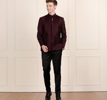 Sophisticated Wine Jodhpuri Suit with Luxe Metallic Styling