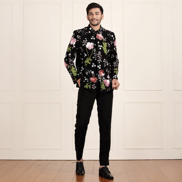 Black Jodhpuri Suit with Multicolored Sequin Embroidery