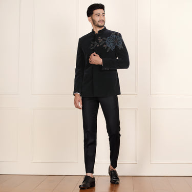 Handpainted Navy Blue Velvet Jodhpuri Suit with Glassbead Detailing for Men.
