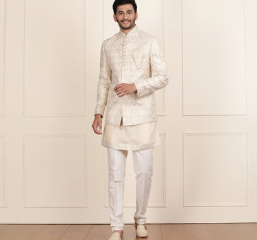 Cream gold jodhpuri coat kurta and pant