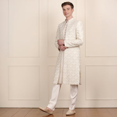 Regal Cream Sherwani with Golden Zari Work – Royal Ensemble