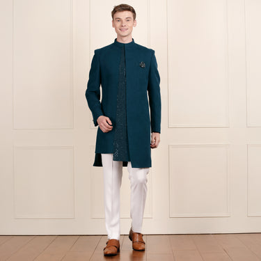 Teal Sherwani with Japanese Fabric and Sequin Detailing.