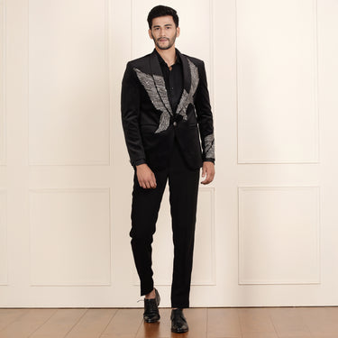 Black Velvet Blazer with Striking Eagle Embroidery Detail