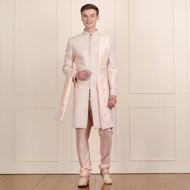 Peach color sherwani with dupatta & belt for Men