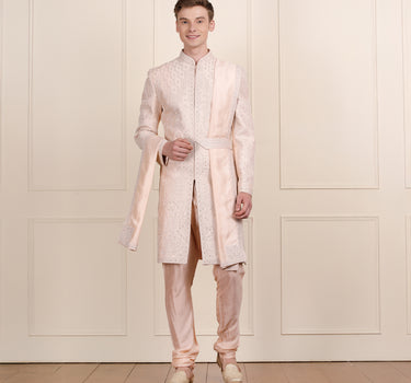 Men peach color sherwani with dupatta & belt