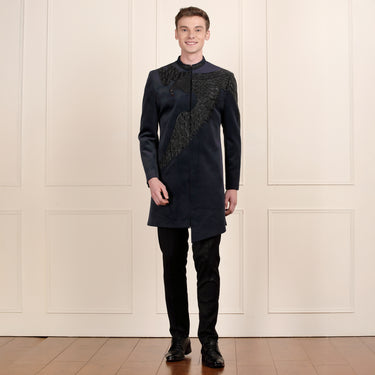 Iconic Navy Velvet Sherwani with Bold 3D Eagle Embroidery