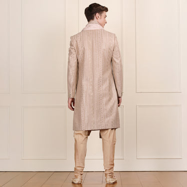 Grace in Gold: Peach Sherwani Set with Intricate Zari Embroidery