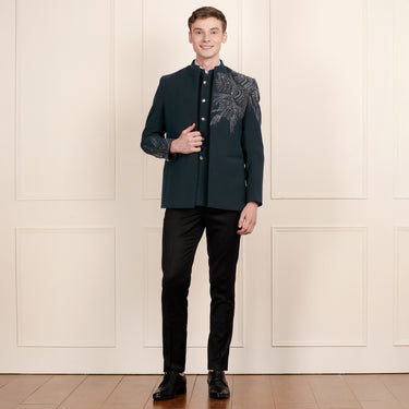 Stylish Teal Jodhpuri Suit: Coat, Bandi, and Pant with Unique Asymmetric Embroidery
