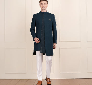 Teal Sherwani for Men – Japanese Fabric & Sequin Detailing