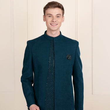 Teal Sherwani with Japanese Fabric and Sequin Detailing.