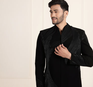 Elegant Black Sherwani with 3D Applique – Coat & Pant Set