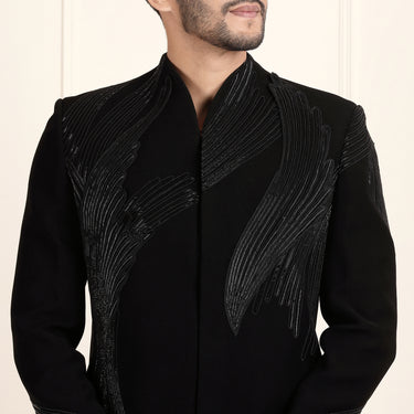Majestic Black Sherwani with 3D Appliqué – Complete Coat & Pant Ensemble