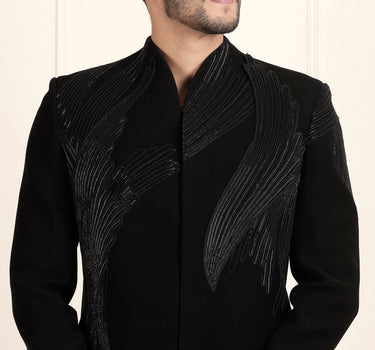 Elegant Black Sherwani with 3D Applique – Coat & Pant Set