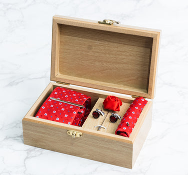 Red tie with white and Blue Jaquard polka sqaures box set