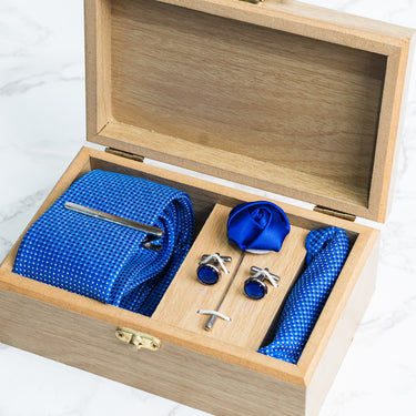 Electric Blue tie with white and skyblue polka sqaures box set