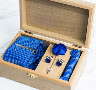 Electric Blue tie with white and skyblue polka sqaures box set