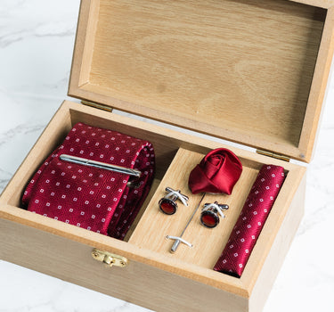 Maroon tie with white polka squares box set