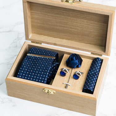 Deep Blue tie with white and blue polka checks box set