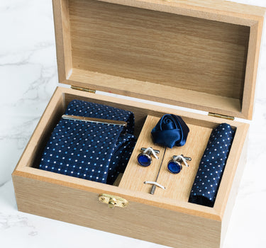 Deep Blue tie with white and blue polka checks box set