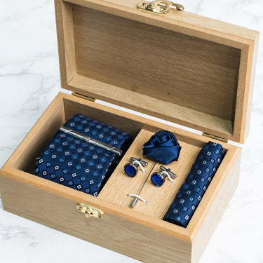 Navy Blue tie with skyblue and white polka square box set