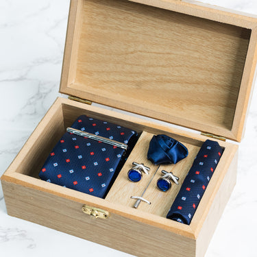 Navy Blue tie with Red and skyblue polka dots box set