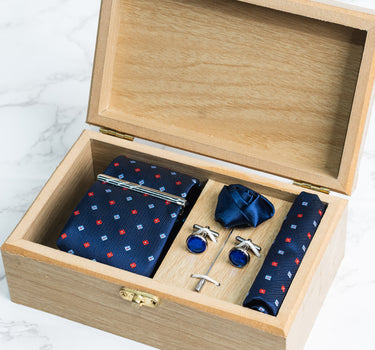 Navy Blue tie with Red and skyblue polka dots box set