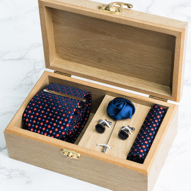 Navy Blue tie with Red and white polka dots box set