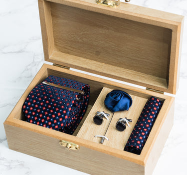 Navy Blue tie with Red and white polka dots box set