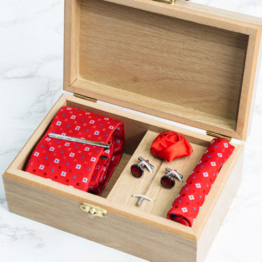 Red tie with white and Blue Jaquard polka sqaures box set