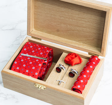 Red tie with white and Blue Jaquard polka sqaures box set