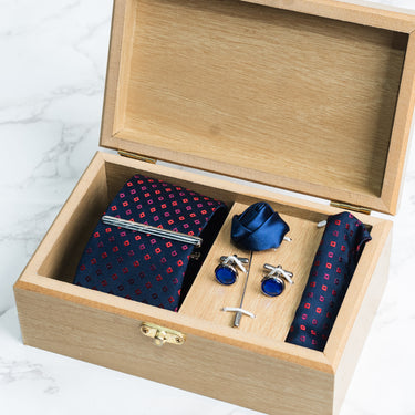 Navy Blue tie with Red polka dots box set
