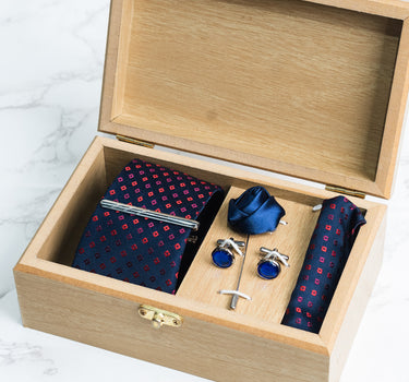 Navy Blue tie with Red polka dots box set