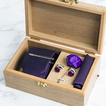 Purple tie with white polka dots box set