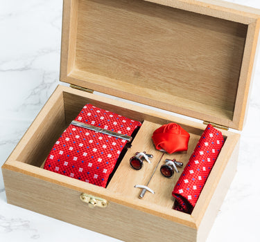 Red Tie with white polka squares Box set